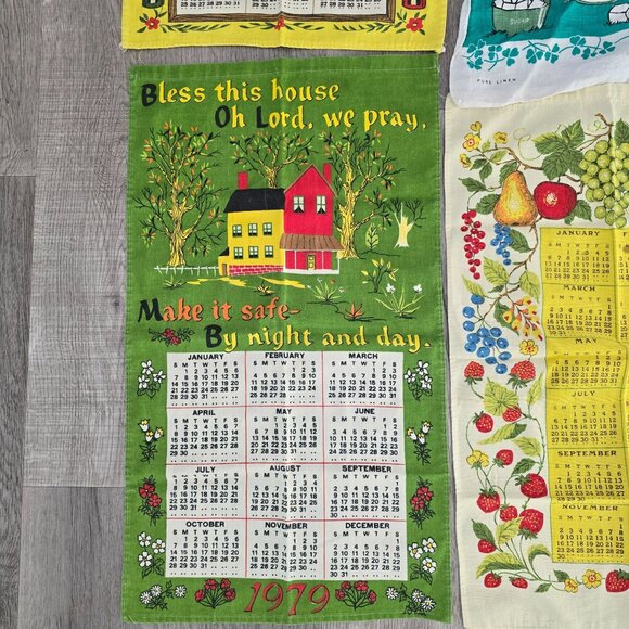 Vintage Decorative Calendar Tea Towels 1979-1983 Lot Of 7 Mixed Design Cotton Li - Picture 5 of 9